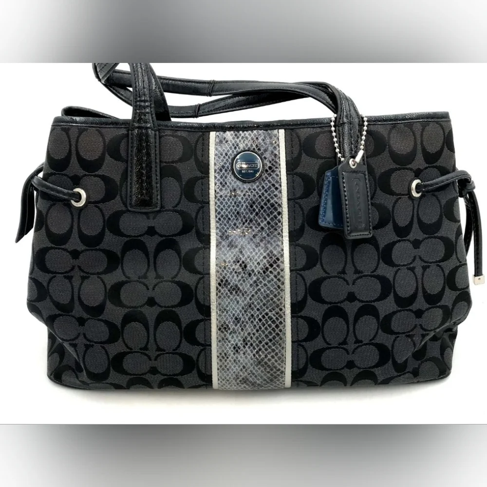 COACH Black Signature Satchel with Snakeskin Accent